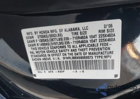 2006 Honda Odyssey Touring from USA, damaged, VIN 5FNRL388X6B069573